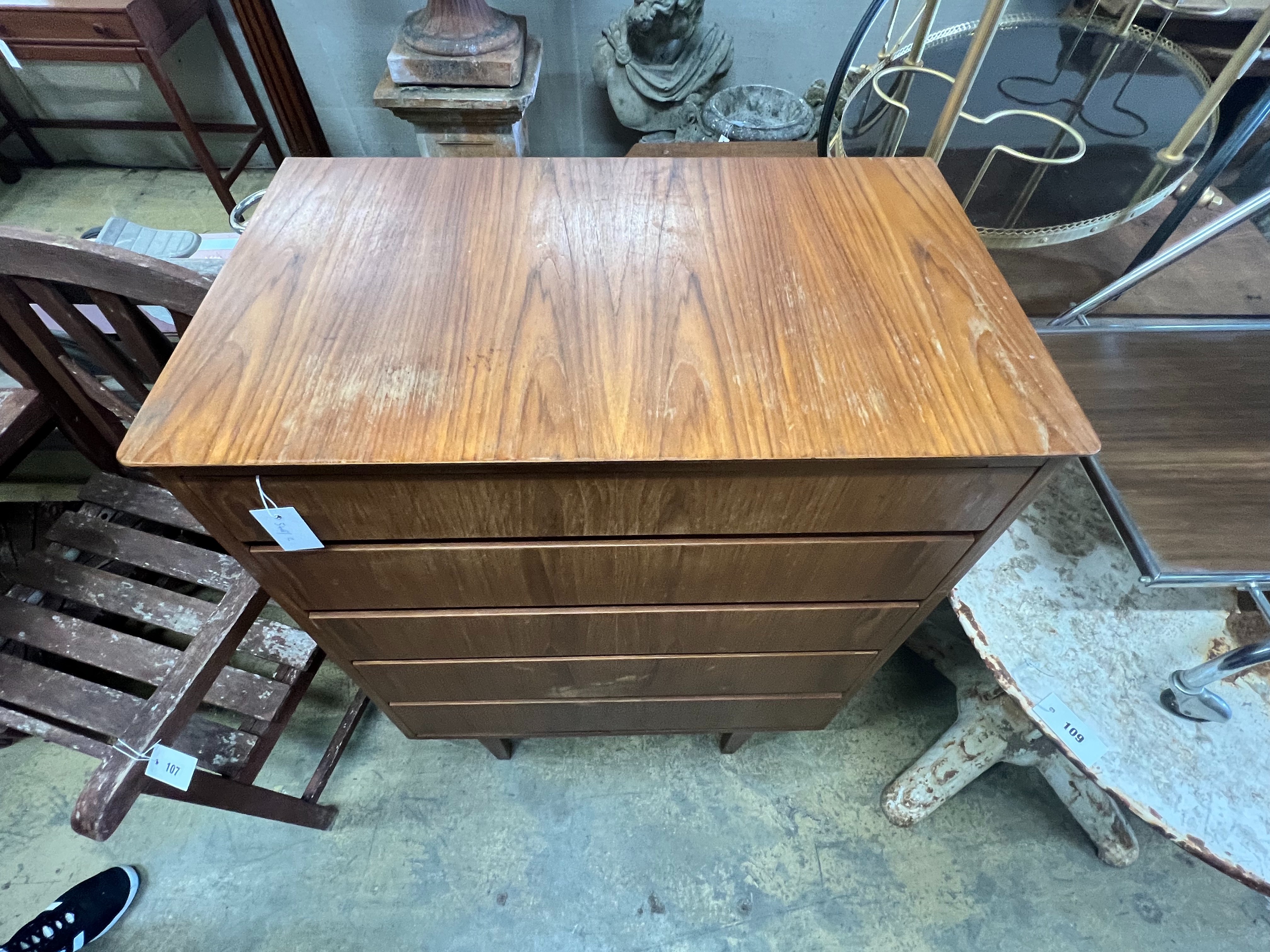 A mid century teak chest of drawers, width 76cm depth 45cm height 104cm